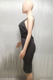 Black Sexy Bandage Patchwork Backless V Neck One Step Skirt Dresses