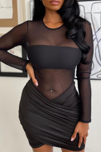 Black Sexy Solid Split Joint Mesh O Neck Pencil Skirt Dresses