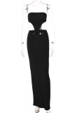 Black Sexy Solid Hollowed Out Patchwork Slit Strapless Pencil Skirt Dresses