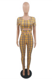 Yellow Fashion Casual Plaid Print Fold O Neck Short Sleeve Two Pieces