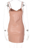 Khaki Sexy Solid Patchwork Fold Asymmetrical Spaghetti Strap Pencil Skirt Dresses