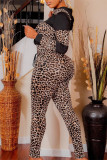 Red Fashion Casual Print Leopard Patchwork Hooded Collar Long Sleeve Two Pieces