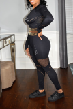Black Casual Print Patchwork O Neck Long Sleeve Two Pieces