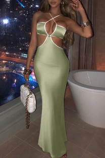 Green Sexy Solid Split Joint Backless Halter One Step Skirt Dresses