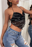Black Sexy Casual Letter Print Split Joint Backless Asymmetrical Halter Tops