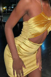 Yellow Sexy Solid Hollowed Out Patchwork Backless Halter One Step Skirt Dresses