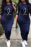 Deep Blue Fashion Casual Print Basic O Neck One Step Skirt Dresses