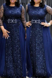 Tibetan Blue Fashion Sexy Patchwork Sequins See-through O Neck Evening Dress Plus Size Dresses