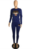 Blue Fashion Casual Patchwork Sequins O Neck Long Sleeve Two Pieces