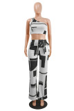 Black Sexy Casual Print Vests Pants One Shoulder Sleeveless Two Pieces