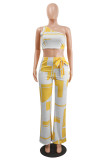 Yellow Sexy Casual Print Vests Pants One Shoulder Sleeveless Two Pieces