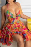 Orange Red Sexy Print Hollowed Out Halter Cake Skirt Dresses