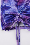 Purple Sexy Print Patchwork Draw String Spaghetti Strap Pencil Skirt Dresses