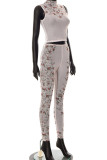 Apricot Sexy Print Patchwork See-through O Neck Sleeveless Two Pieces