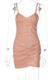 Khaki Sexy Solid Patchwork Fold Asymmetrical Spaghetti Strap Pencil Skirt Dresses