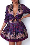 Purple Fashion Casual Print Fold Turndown Collar Long Sleeve Two Pieces