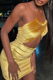Yellow Sexy Solid Hollowed Out Patchwork Backless Halter One Step Skirt Dresses