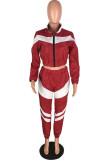Red Fashion Casual Patchwork Basic Zipper Collar Long Sleeve Two Pieces