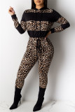 Red Fashion Casual Print Leopard Patchwork Hooded Collar Long Sleeve Two Pieces