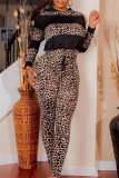 Red Fashion Casual Print Leopard Patchwork Hooded Collar Long Sleeve Two Pieces