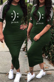 Army Green Fashion Casual Print Basic O Neck One Step Skirt Dresses