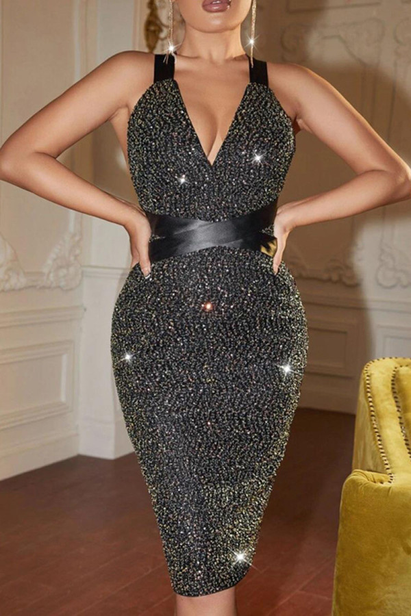 Black Sexy Bandage Patchwork Backless V Neck One Step Skirt Dresses