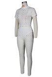 White Fashion Sexy Solid Hollowed Out See-through Half A Turtleneck Short Sleeve Two Pieces