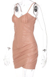 Khaki Sexy Solid Patchwork Fold Asymmetrical Spaghetti Strap Pencil Skirt Dresses