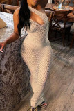 Apricot Fashion Sexy Solid Hollowed Out See-through One Shoulder Sleeveless Dress