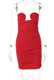 Red Sexy Solid Patchwork Fold Strapless One Step Skirt Dresses