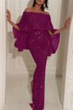 Purple Fashion Sexy Solid Patchwork Slit Off the Shoulder Evening Dress