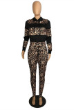 Red Fashion Casual Print Leopard Patchwork Hooded Collar Long Sleeve Two Pieces