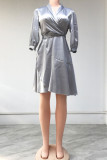 Silver Fashion Casual Solid Patchwork Turndown Collar Long Sleeve Dresses