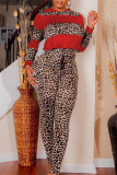 Red Fashion Casual Print Leopard Patchwork Hooded Collar Long Sleeve Two Pieces