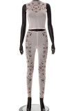 Apricot Sexy Print Patchwork See-through O Neck Sleeveless Two Pieces