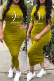 Yellow Fashion Casual Print Basic O Neck One Step Skirt Dresses
