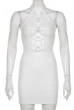 White Sexy Solid Hollowed Out Patchwork Backless Halter Pencil Skirt Dresses