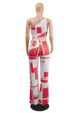 Red Sexy Casual Print Vests Pants One Shoulder Sleeveless Two Pieces