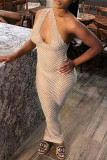 Apricot Fashion Sexy Solid Hollowed Out See-through One Shoulder Sleeveless Dress