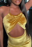 Yellow Sexy Solid Hollowed Out Patchwork Backless Halter One Step Skirt Dresses
