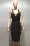 Black Sexy Bandage Patchwork Backless V Neck One Step Skirt Dresses