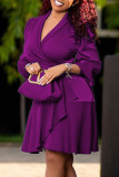 Purple Fashion Casual Solid Patchwork Turndown Collar Long Sleeve Dresses