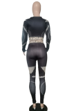 Black Casual Print Patchwork O Neck Long Sleeve Two Pieces