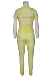 Yellow Fashion Sexy Solid Hollowed Out See-through Half A Turtleneck Short Sleeve Two Pieces