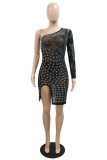 Orange Fashion Sexy Patchwork Hot Drilling See-through Oblique Collar Long Sleeve Dresses