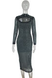 Black Fashion Sexy Patchwork Hot Drilling Hollowed Out See-through Half A Turtleneck Plus Size Dresses
