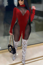 Red Sexy Solid Split Joint See-through O Neck Regular Jumpsuits