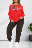 Red Fashion Casual Print Basic Off the Shoulder Tops
