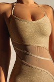 Gold Sexy Solid Patchwork See-through Backless Halter One Step Skirt Dresses