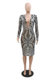 Red Fashion Sexy Patchwork Sequins See-through V Neck Long Sleeve Dresses
